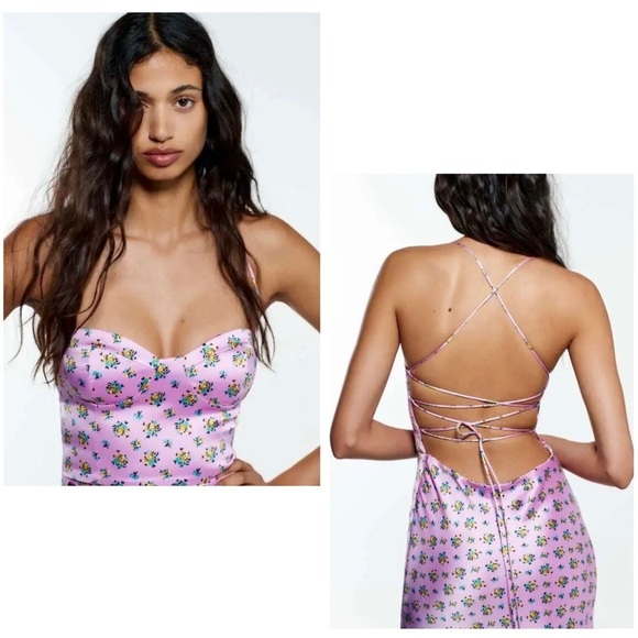 ZARA Floral Print Lace up Black Silky Satin Fitted Midi Dress in Pink Size S New - Picture 2 of 13